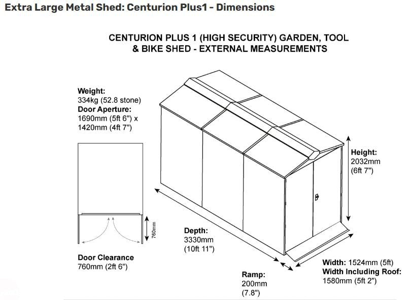 Asgard Green Centurion Apex Metal Garden Shed 5x11 ft Dimensions