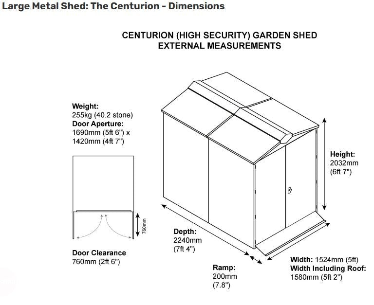 Asgard Green Centurion Apex Metal Garden Shed 5x7 ft Dimensions