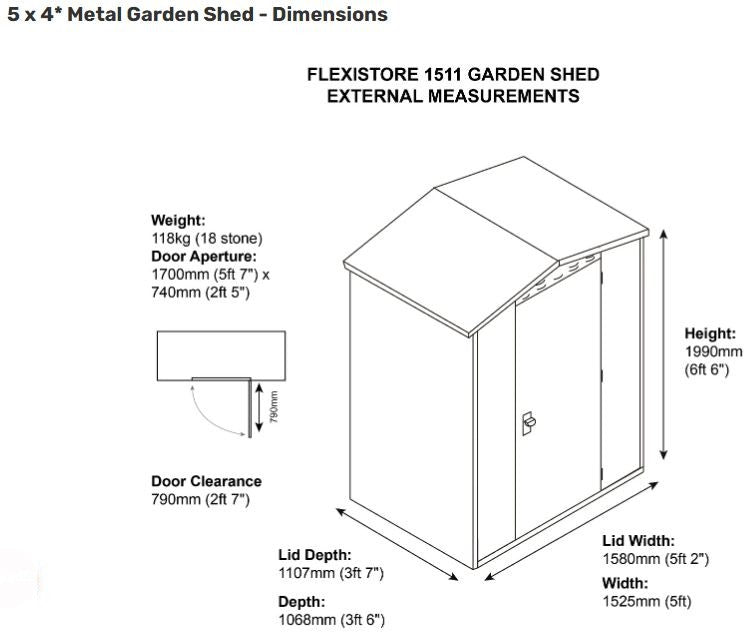 Asgard Flexistore Apex Metal Garden Shed 5x4 ft Dimensions