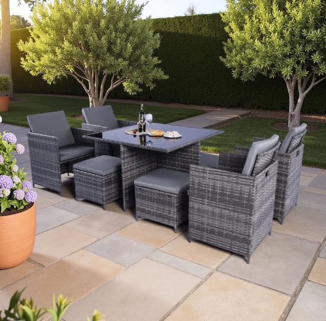 WELL GOOD 9 PIECE GREY RATTAN CUBE DINING SET